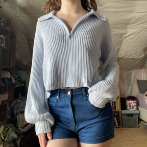 🩵 Blue Cropped Sweater, Zip Up V Neck, Baggy, Pull Over, Women’s Sweatshirt
